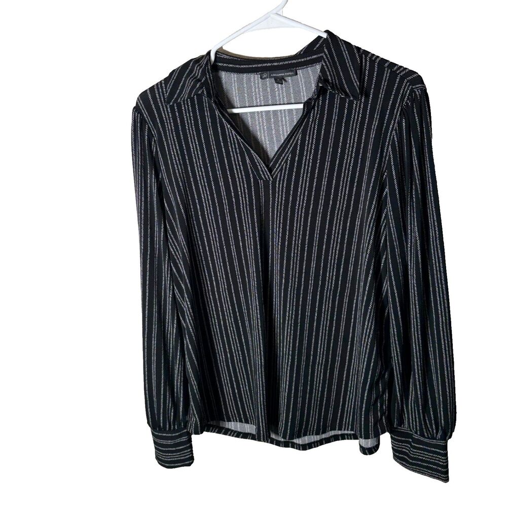 Adrianna Papell Blouse Women's Medium Black Striped V-Neck Collared Long Sleeve